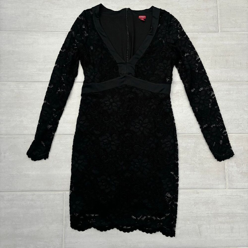 GUESS Bodycon V Neck Lace Dress Cocktail LBD Long Sleeve Mini Small Party Lined